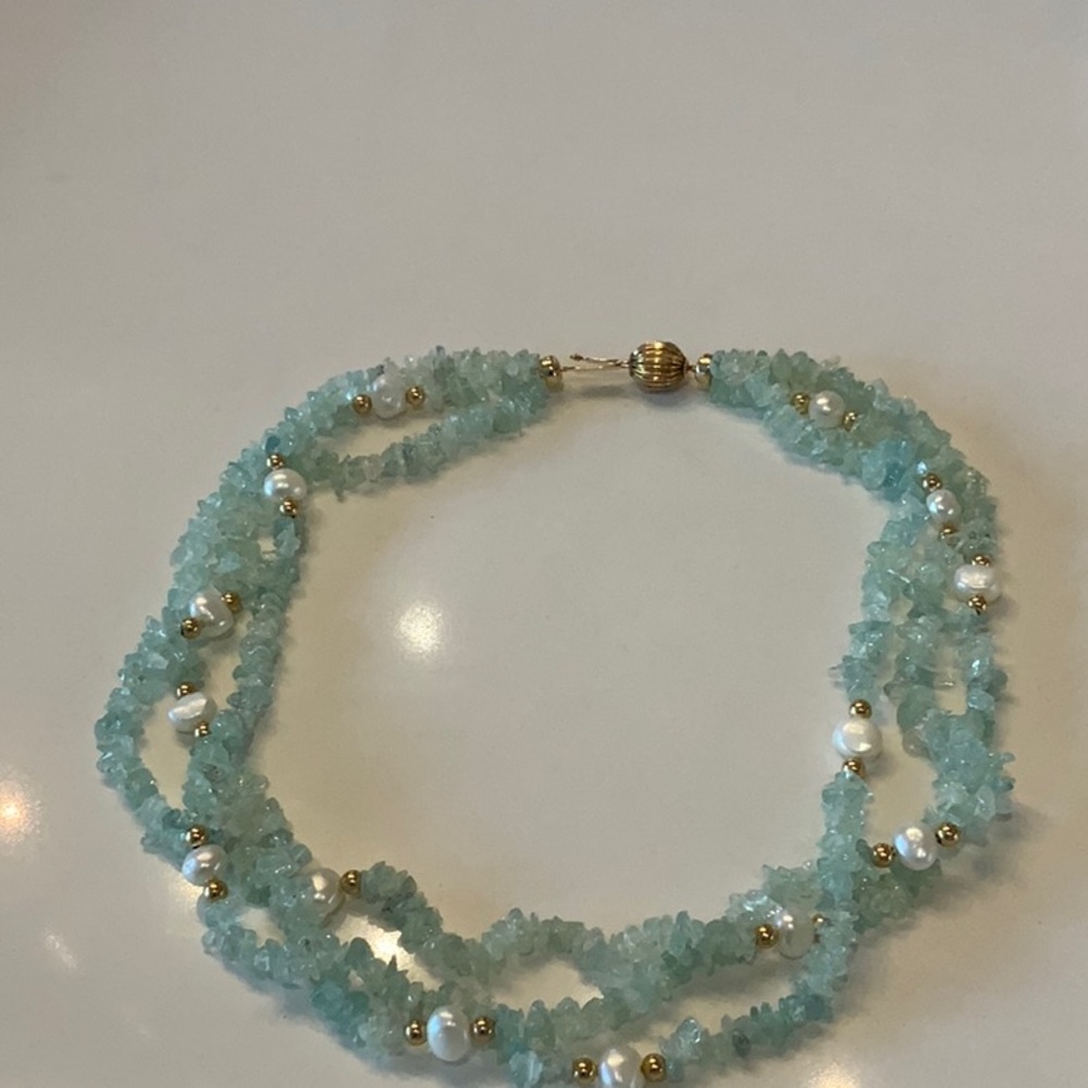 Charles Winston 3 strand blue crystal, white pearl, gold ball necklace 17 inches